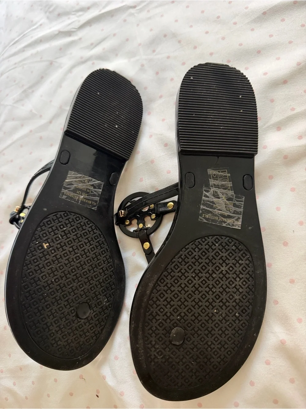 Tory Burch Black Jelly Logo Thong Sandals with Gold Emblem